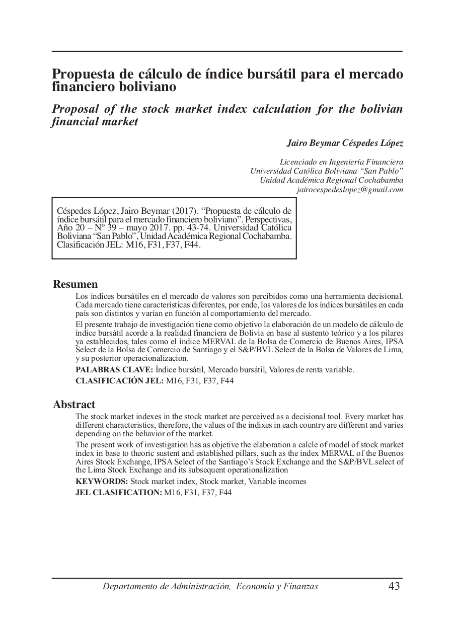 Proposal of the stock market index calculation for the bolivian financial market