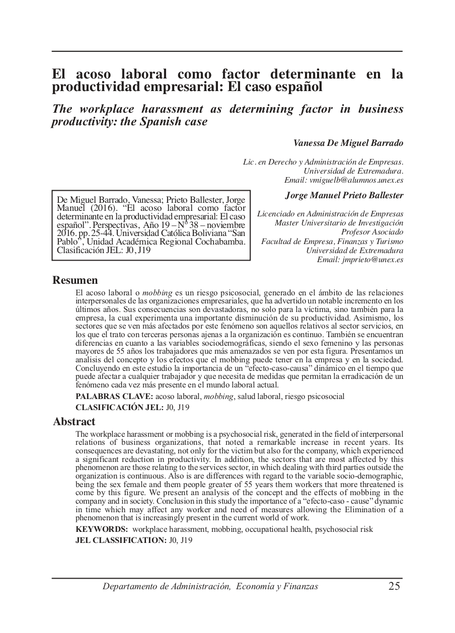 The workplace harassment as determining factor in business productivity: the Spanish case