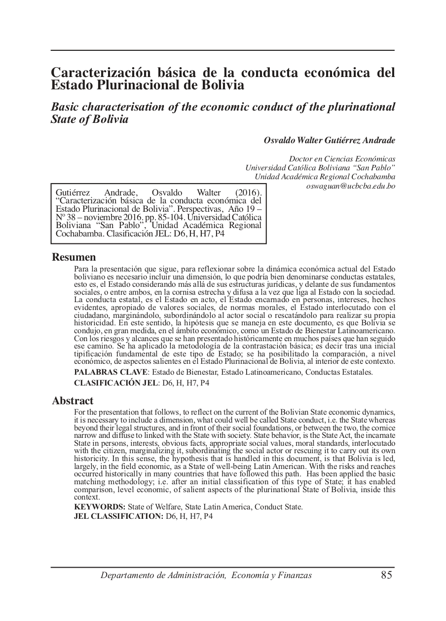 Basic characterisation of the economic conduct of the plurinational State of Bolivia