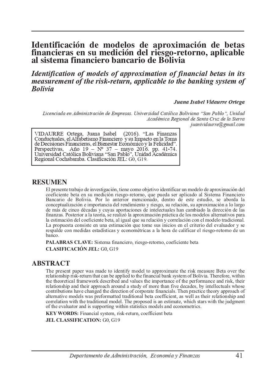 Identification of models of approximation of financial betas in its measurement of the risk-return, applicable to the banking system of Bolivia