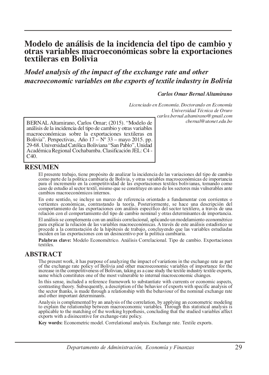 Model analysis of the impact of the exchange rate and other macroeconomic variables on the exports of textile industry in Bolivia