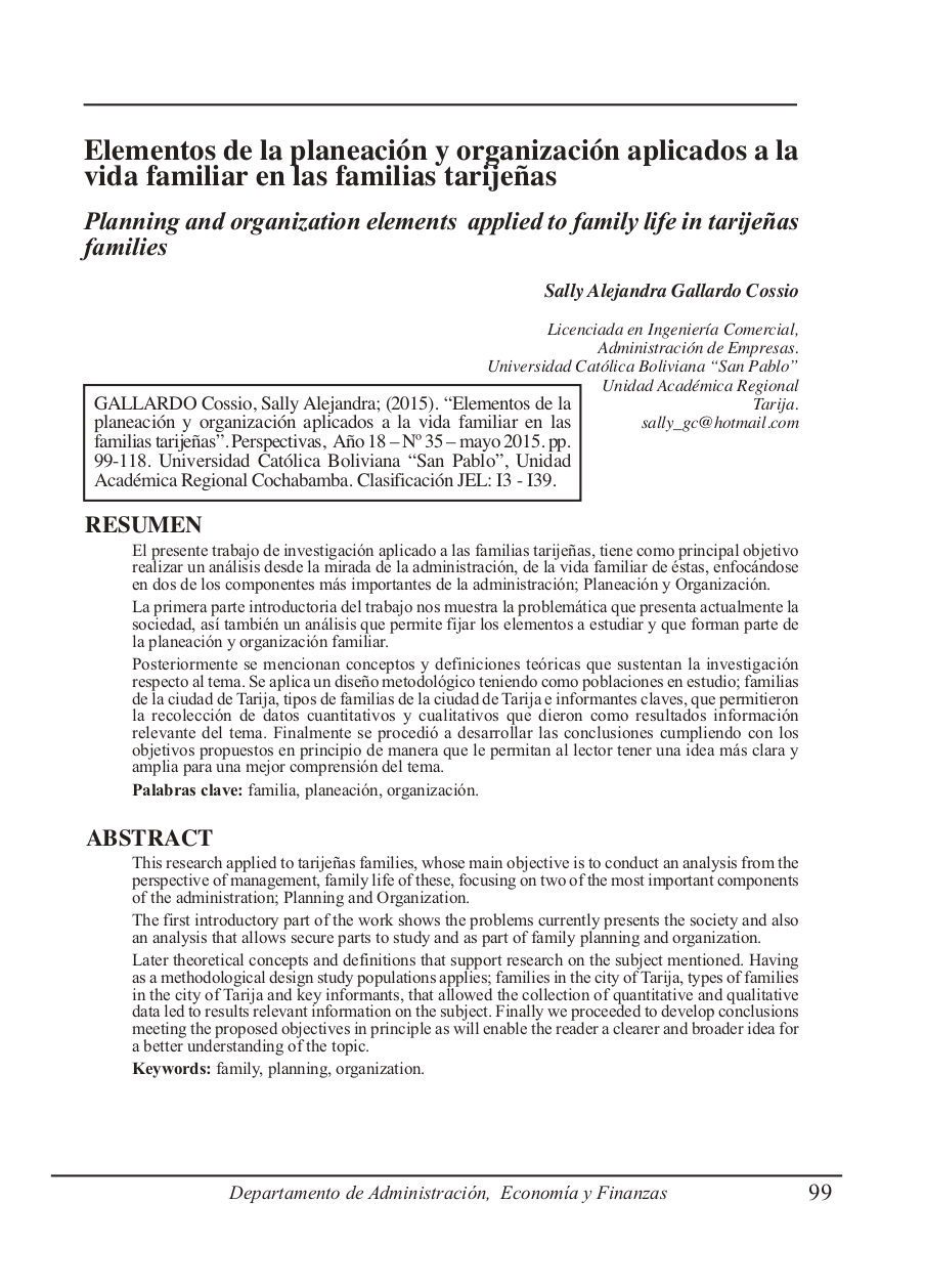Planning and organization elements applied to family life in tarijeñas families