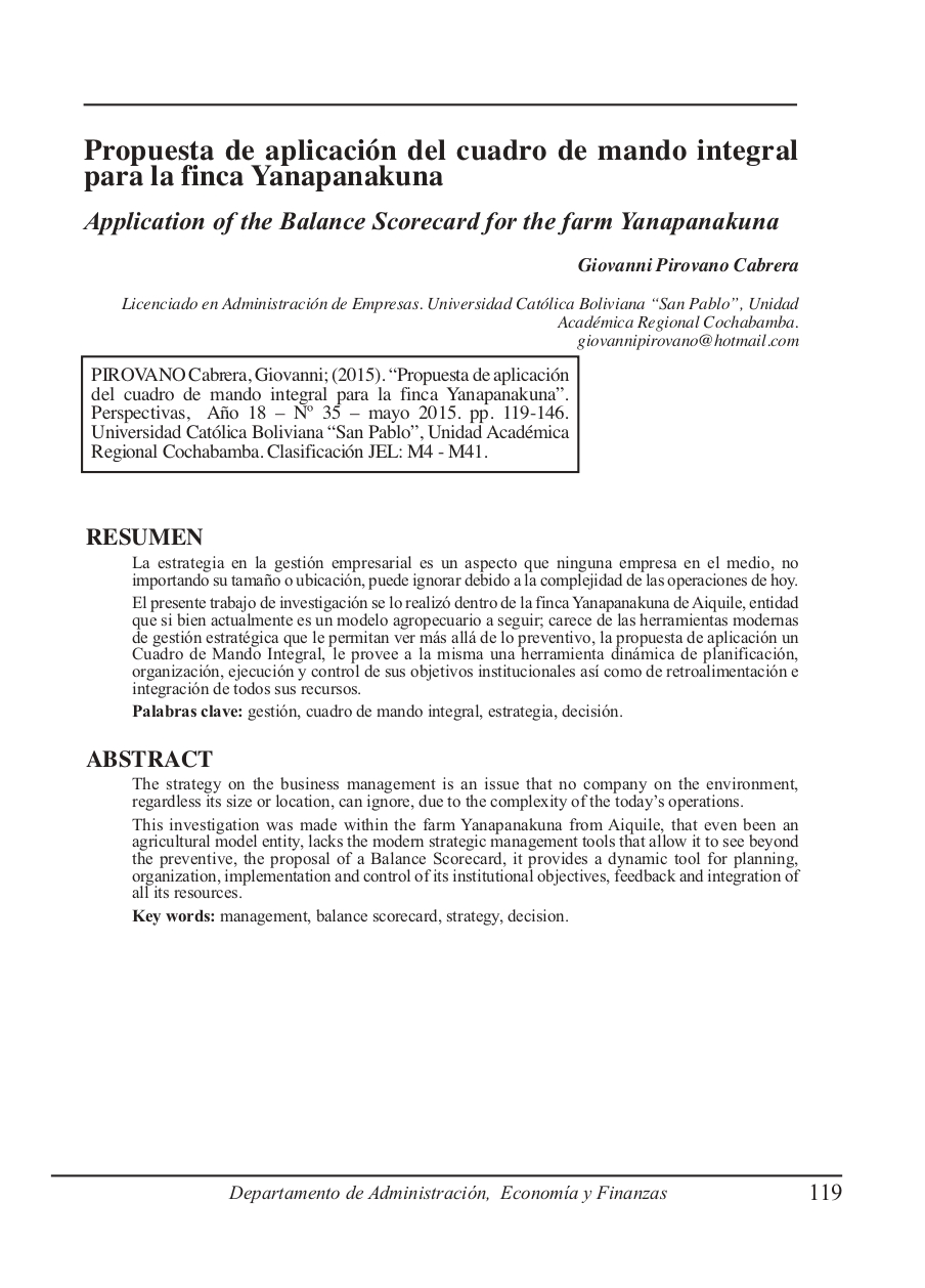 Application of the Balance Scorecard for the farm Yanapanakuna
