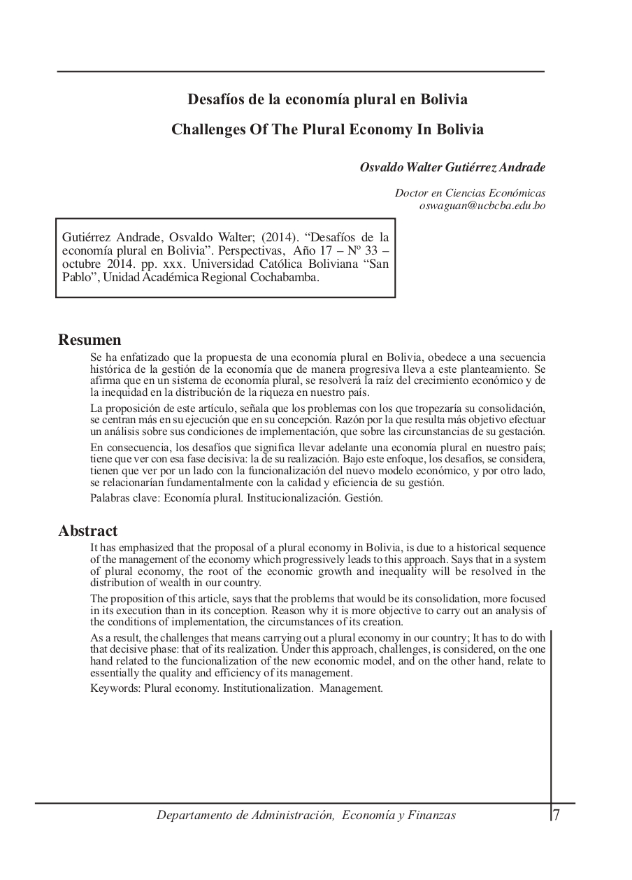 Challenges Of The Plural Economy In Bolivia