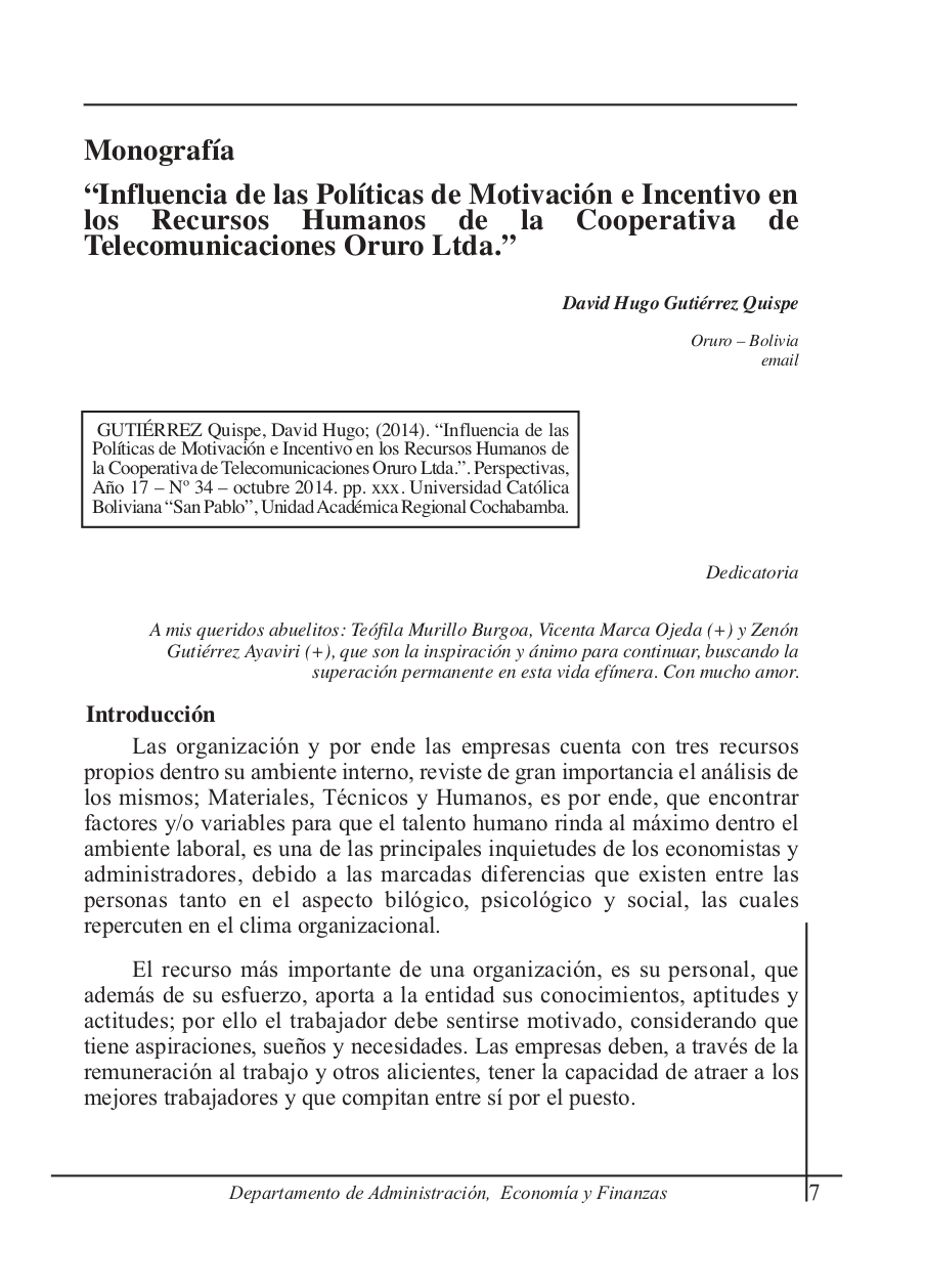 "Influence of Motivation and Incentive Policies on the Human Resources of the Oruro Telecommunications Cooperative Ltd."