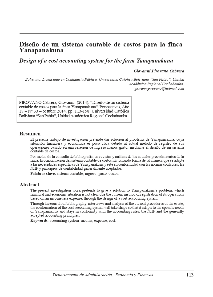 Design of a cost accounting system for the farm Yanapanakuna