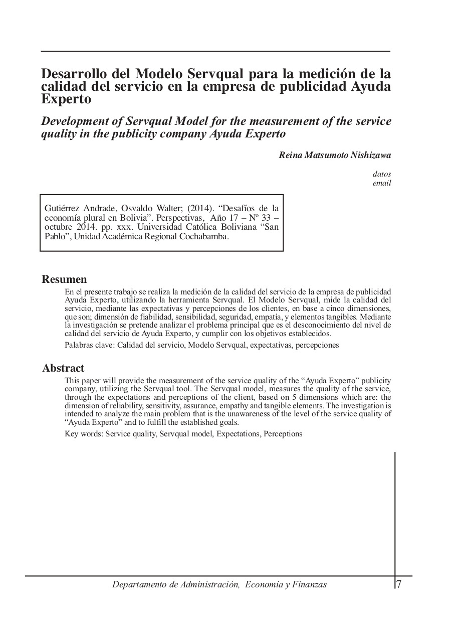 Development of Servqual Model for the measurement of the service quality in the publicity company Ayuda Experto
