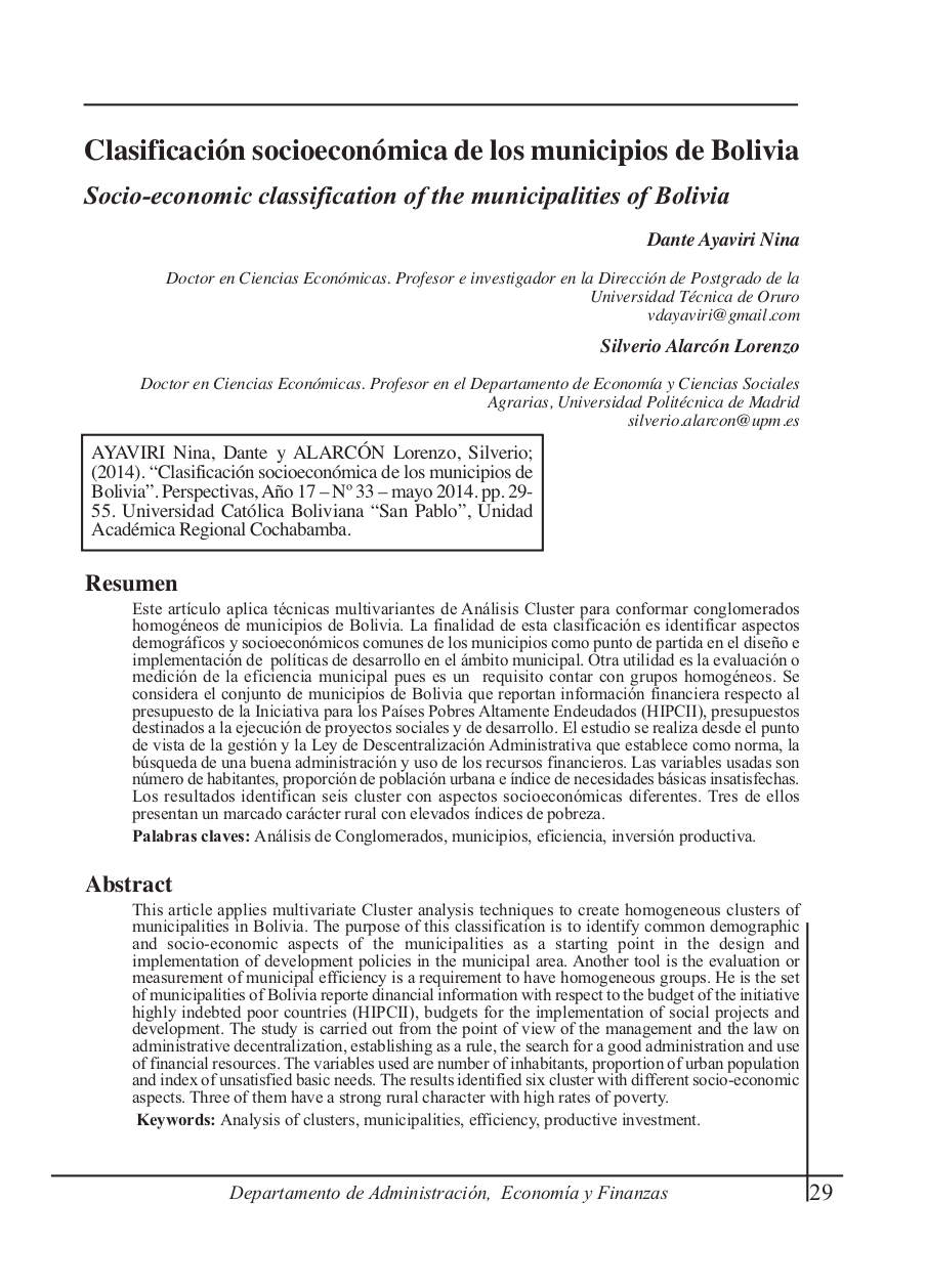 Socio-economic classification of the municipalities of Bolivia
