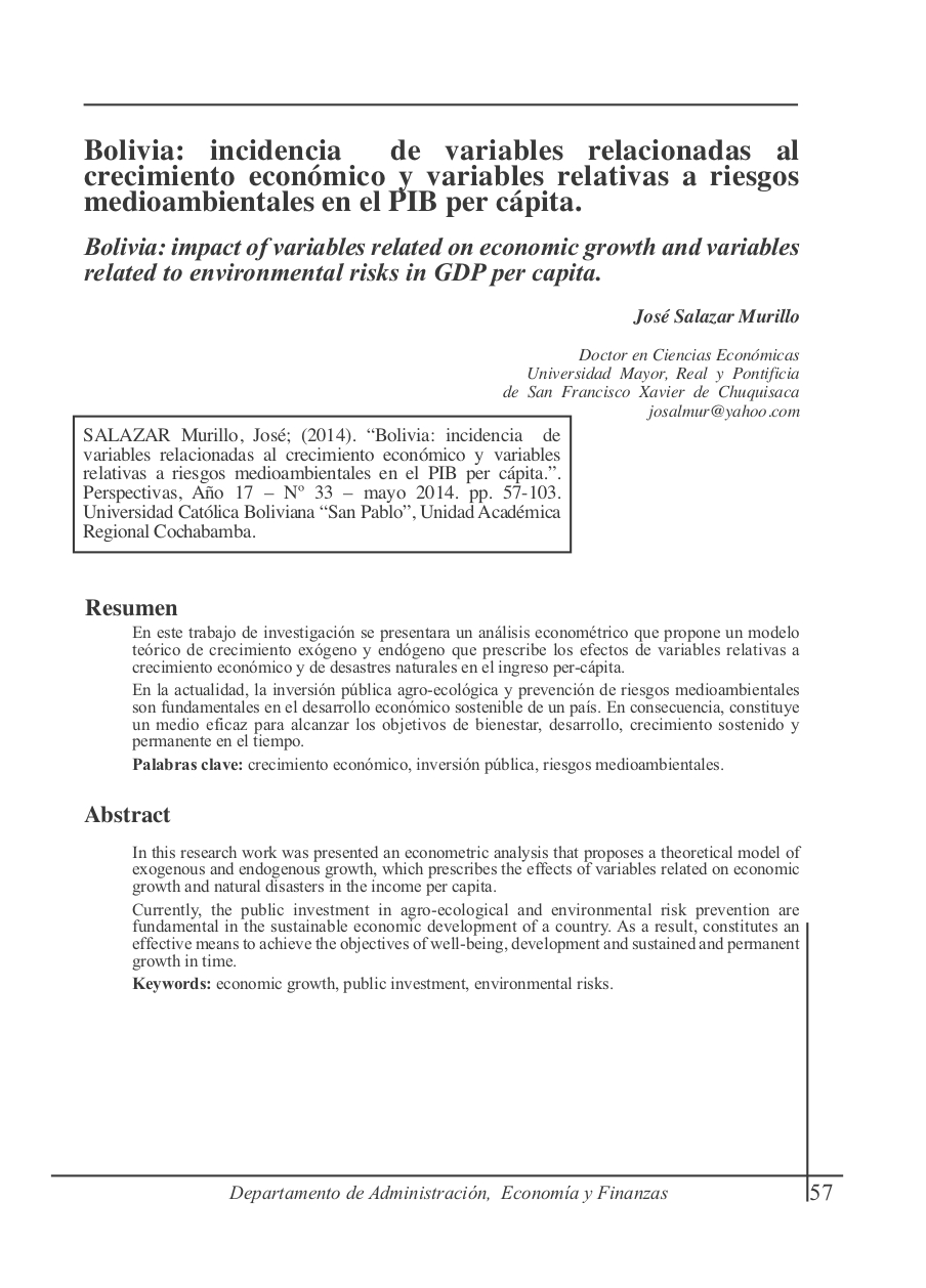 Bolivia: impact of variables related on economic growth and variables related to environmental risks in GDP per capita.