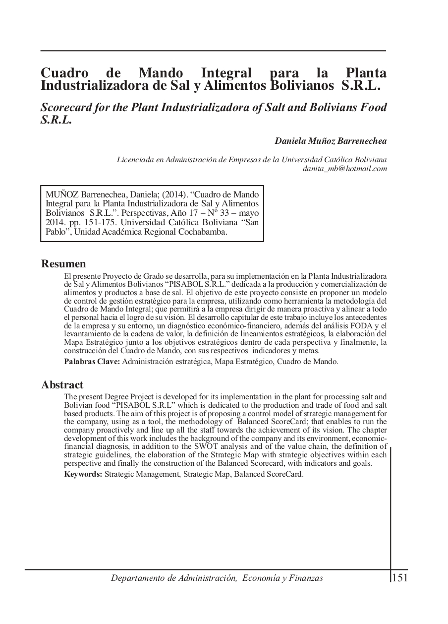 Scorecard for the Plant Industrializadora of Salt and Bolivians Food S.R.L.