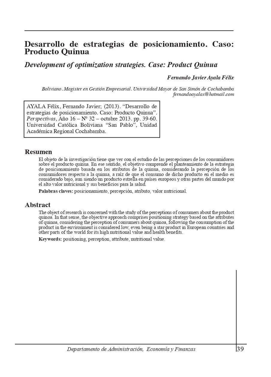 Development of optimization strategies. Case: Product Quinua