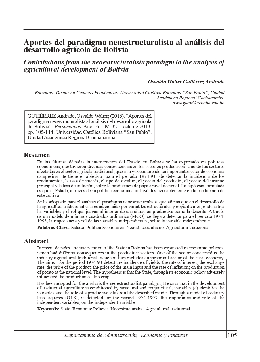 Contributions from the neoestructuralista paradigm to the analysis of agricultural development of Bolivia