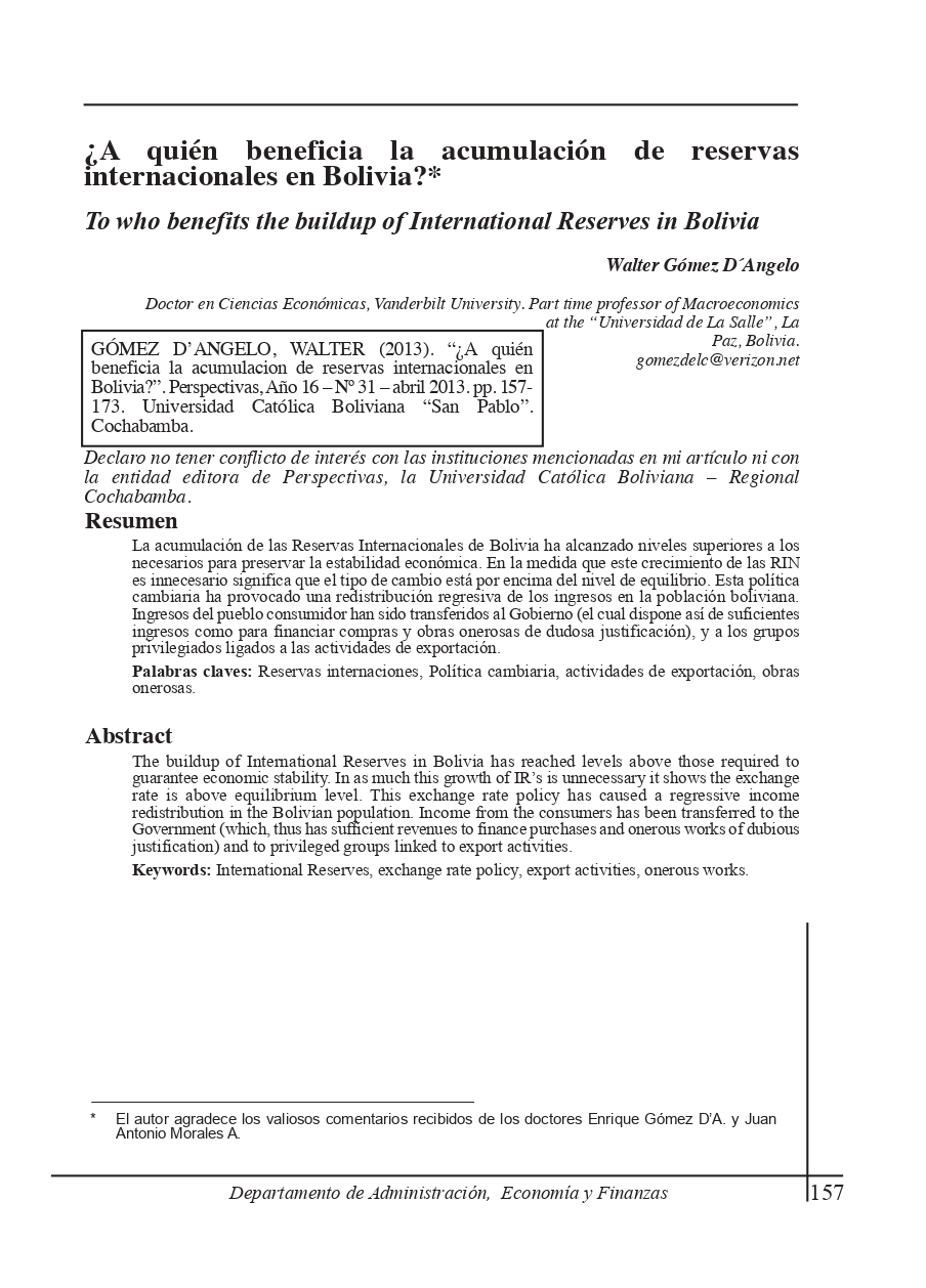To who benefits the buildup of International Reserves in Bolivia