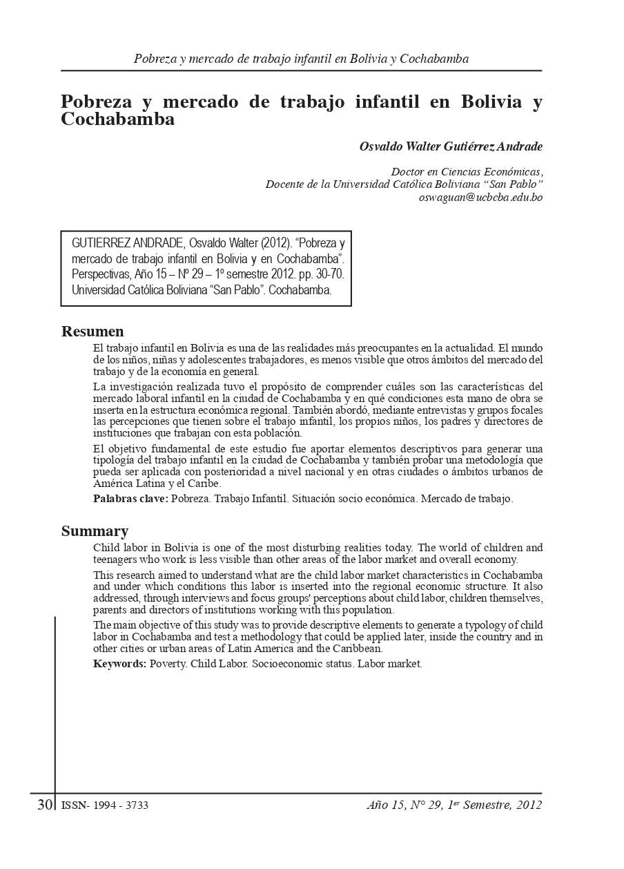 Poverty and the Child Labor Market in Bolivia and CBBA