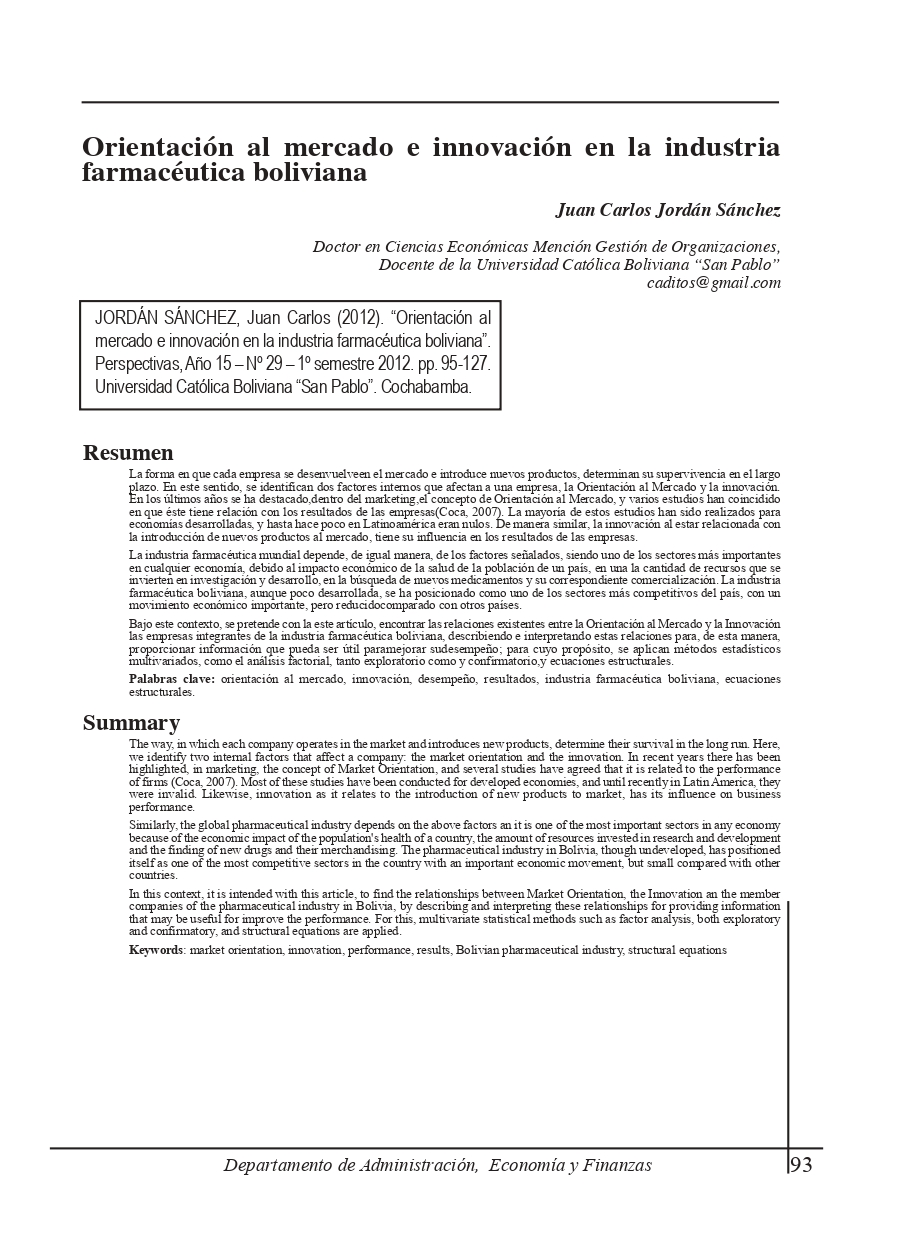 Market orientation and innovation in the Bolivian pharmaceutical industry