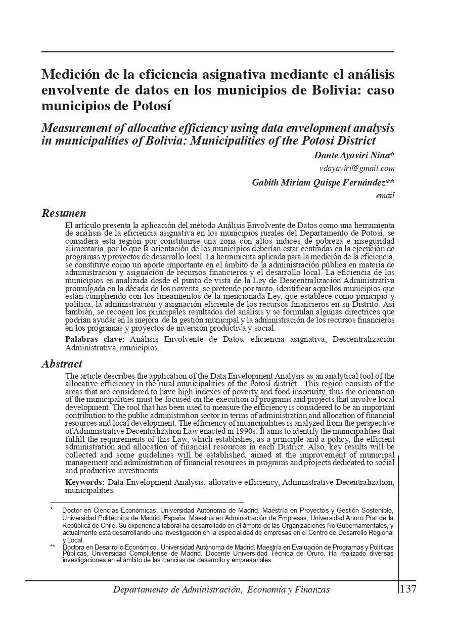 Measurement of allocative efficiency using data envelopment analysis in municipalities of Bolivia: Municipalities of the Potosi District