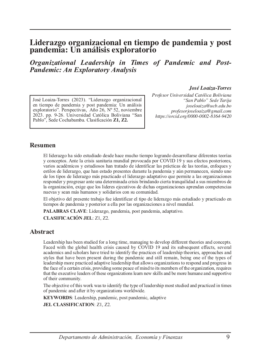 Organizational Leadership in Times of Pandemic and Post- Pandemic: An Exploratory Analysis