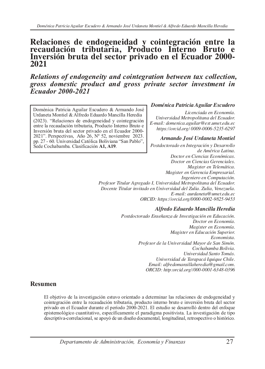 Relations of endogeneity and cointegration between tax collection, gross domestic product and gross private sector investment in Ecuador 2000-2021