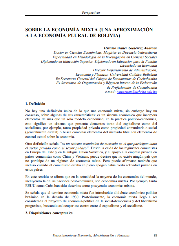 On mixed economy (an approach to the plural economy of Bolivia)