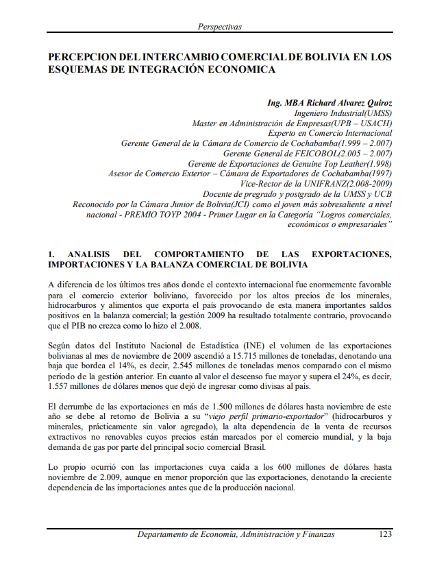 Perception of Bolivia’s trade exchange in economic integration schemes