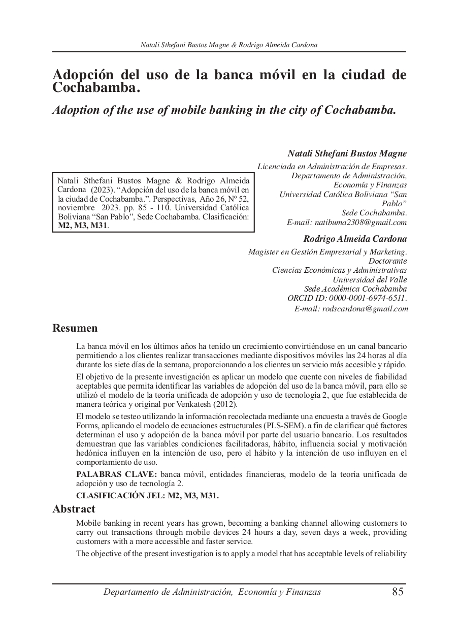 Adoption of the use of mobile banking in the city of Cochabamba