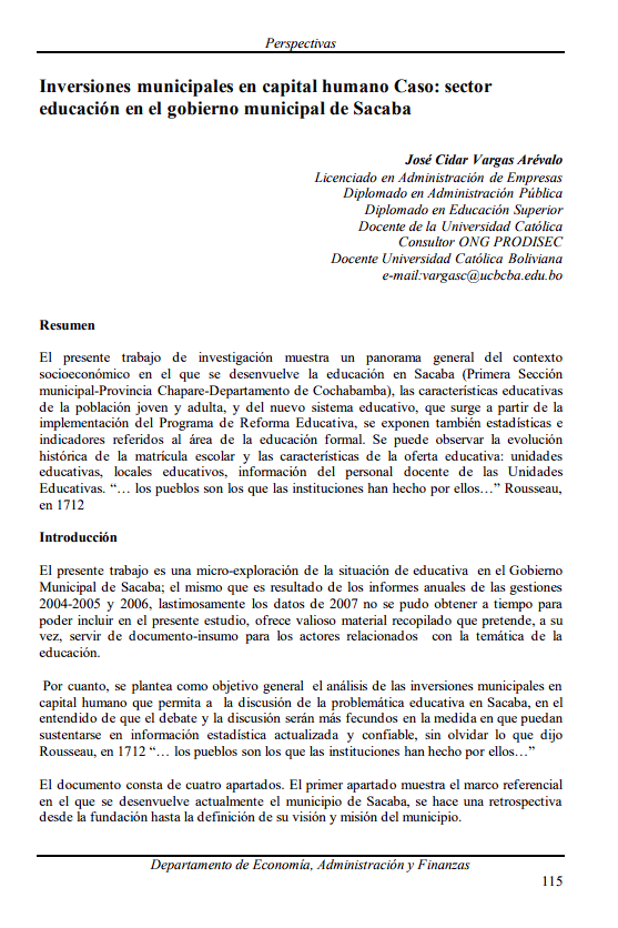 Municipal investments in human capital Case: education sector in the municipal government of Sacaba