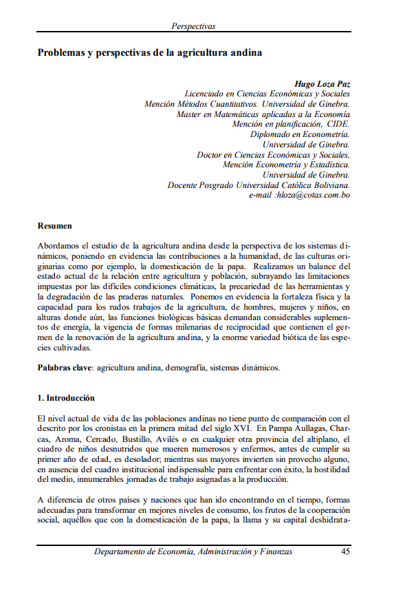 Problems and perspectives of Andean agriculture