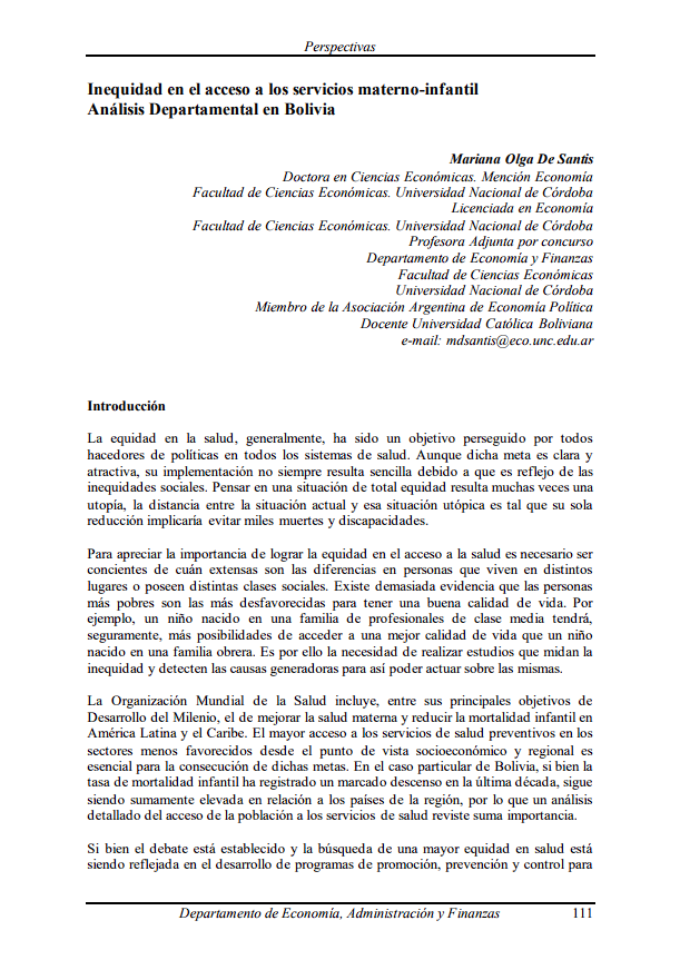 Inequity in Access to Maternal and Child Services Departmental Analysis in Bolivia