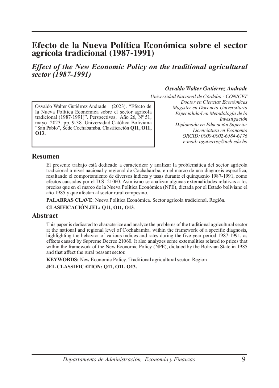 Effect of the New Economic Policy on the traditional agricultural sector (1987-1991)