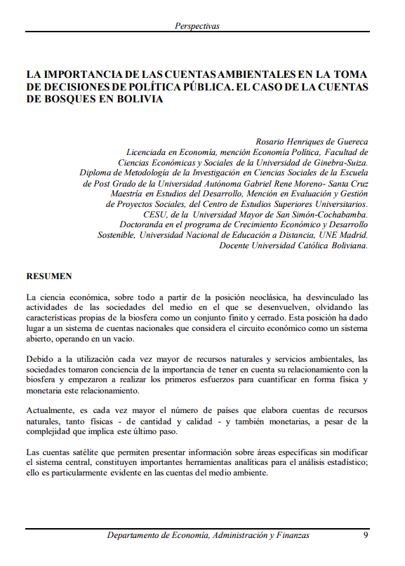 The importance of environmental accounts in public policy decision-making. The case of forest accounts in Bolivia
