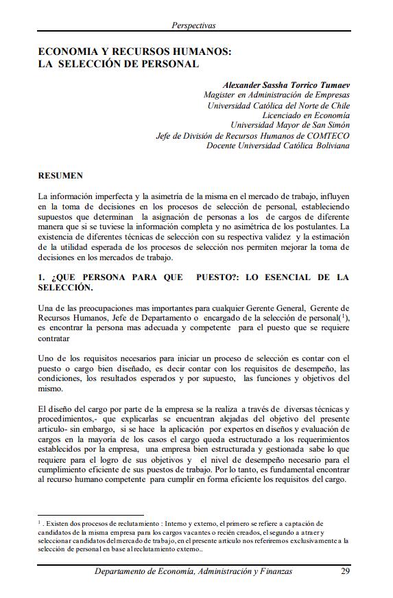 Economy and human resources: Personnel selection