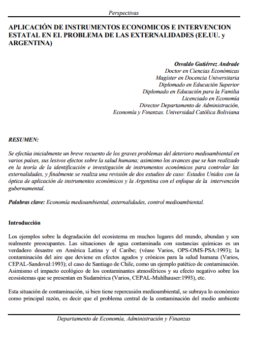 Application of economic instruments and government intervention in the problem of externalities (U.S. and Argentina)