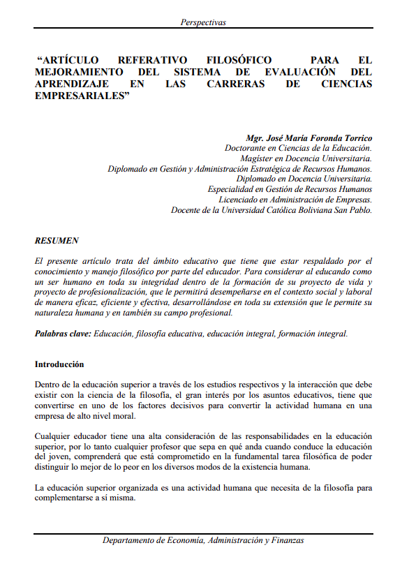 "Philosophical reference article for the improvement of the learning assessment system in business sciences programs"