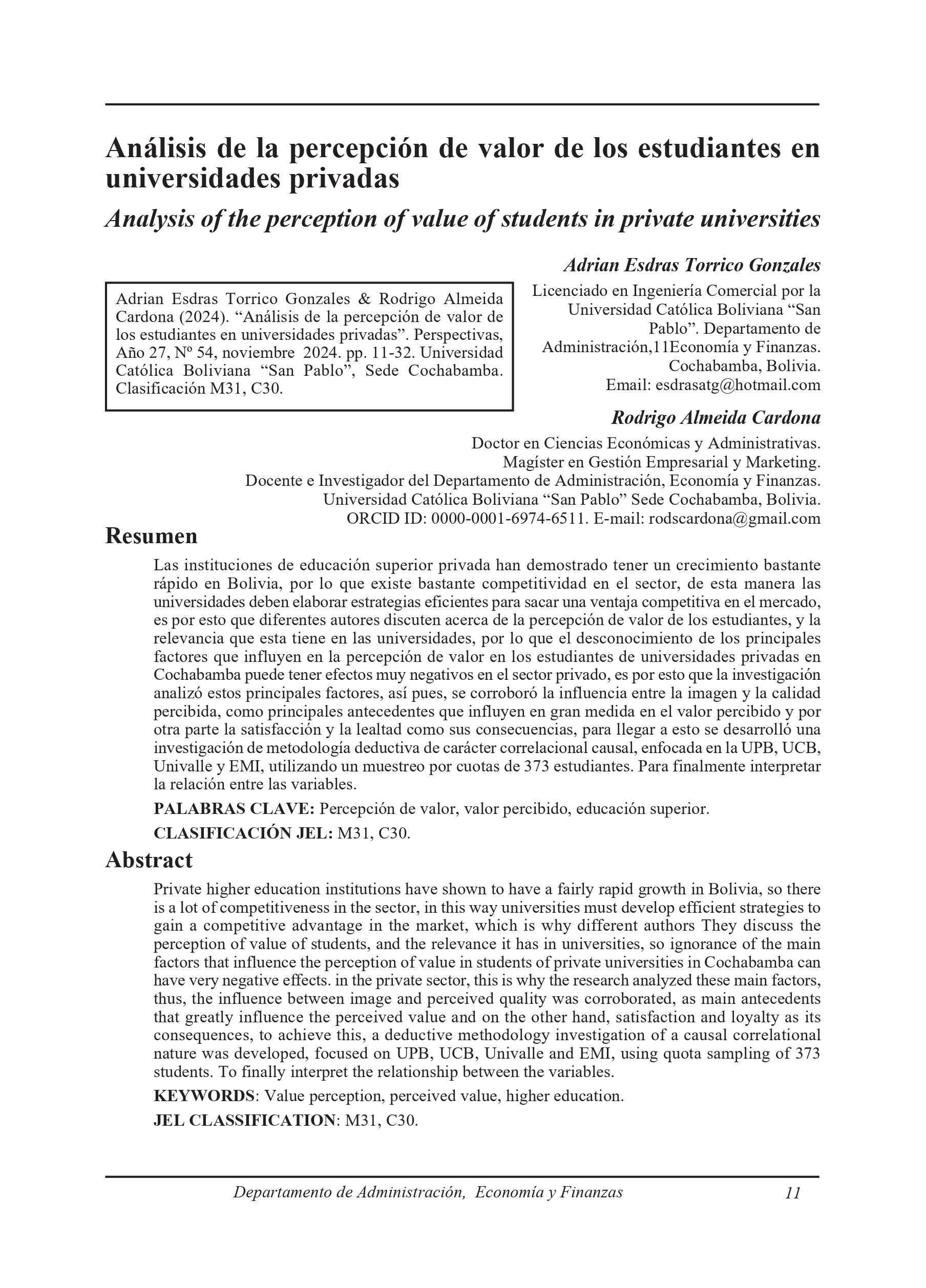 Analysis of the perception of value of students in private universities