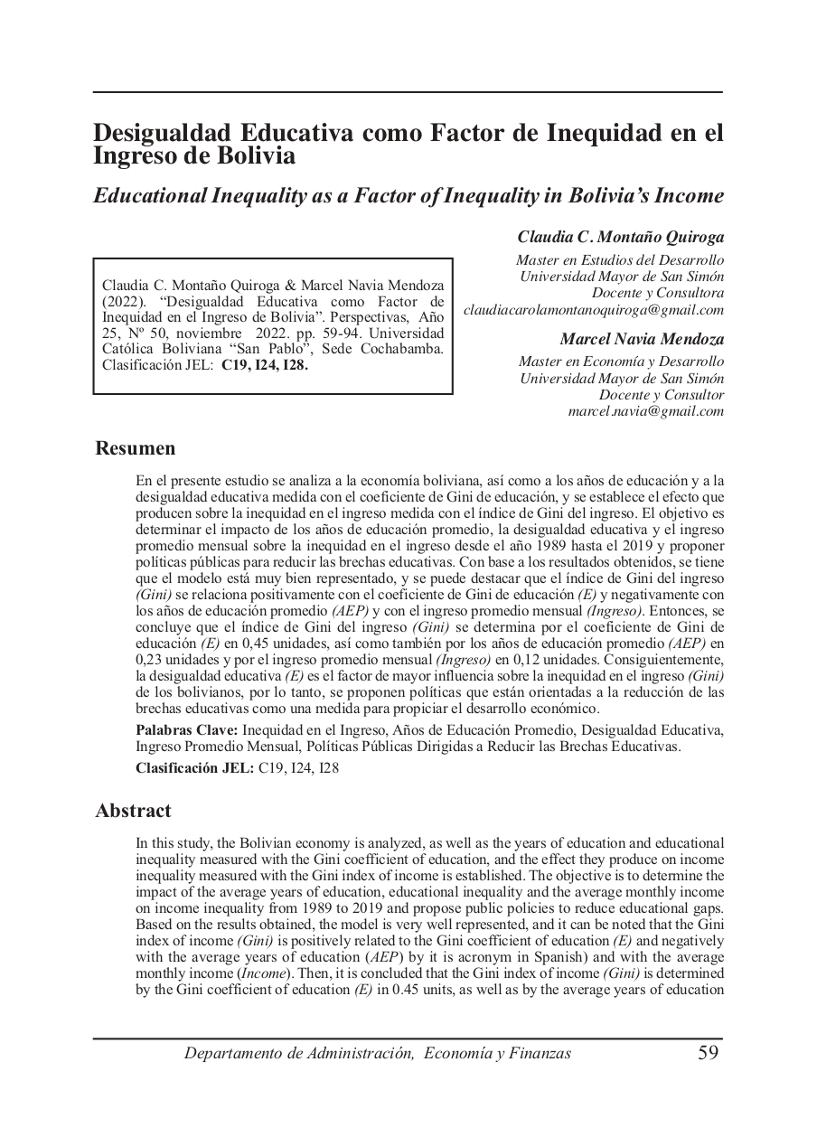 Educational Inequality as a Factor of Inequality in Bolivia’s Income