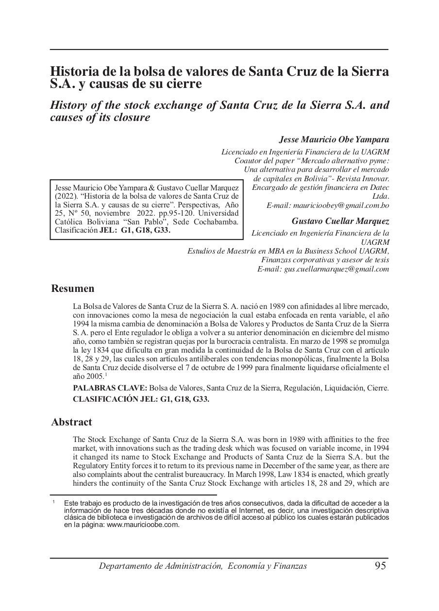 History of the stock exchange of Santa Cruz de la Sierra S.A. and causes of its closure