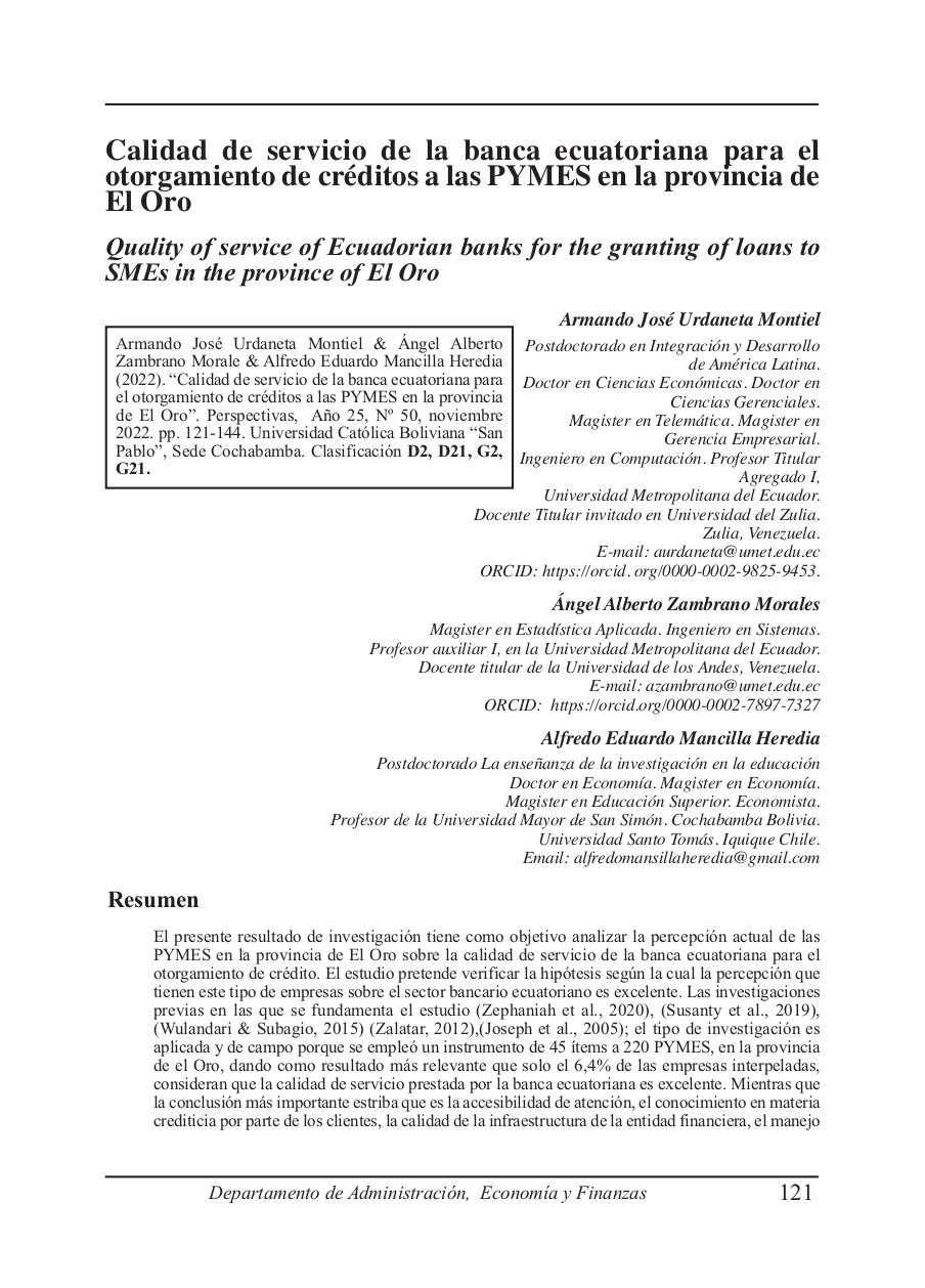 Quality of service of Ecuadorian banks for the granting of loans to SMEs in the province of El Oro
