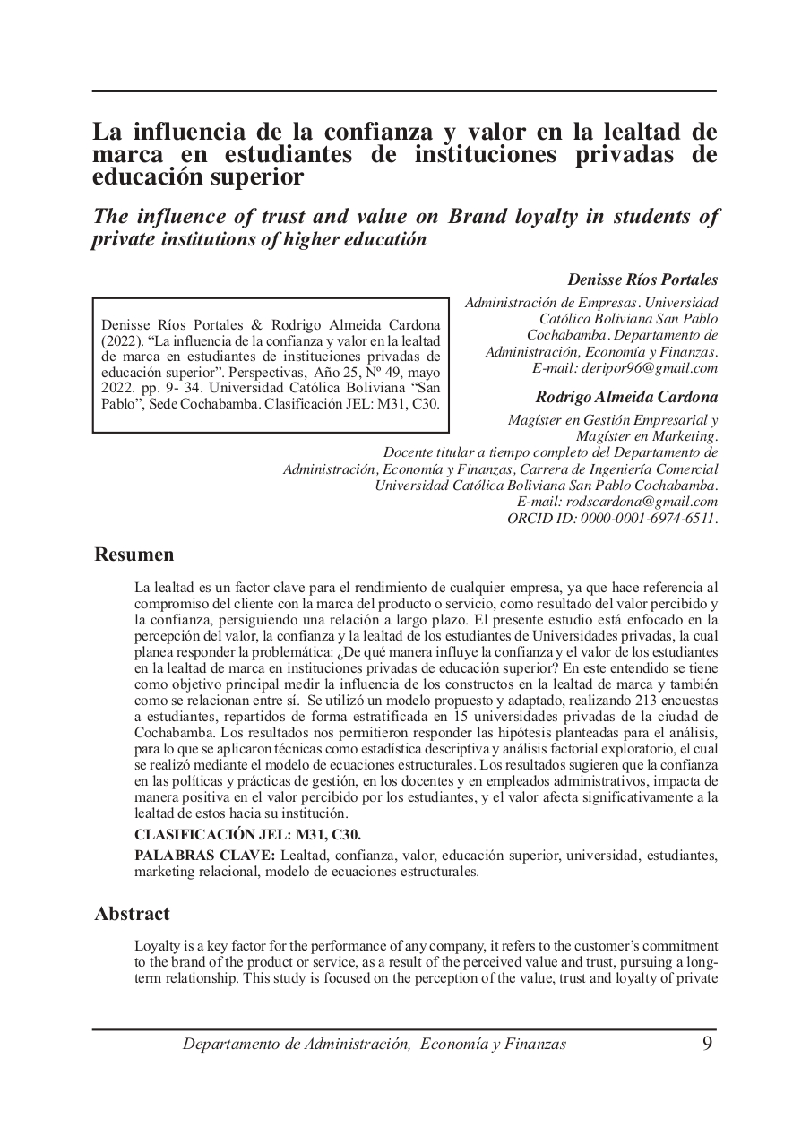 The influence of trust and value on Brand loyalty in students of private institutions of higher educatión
