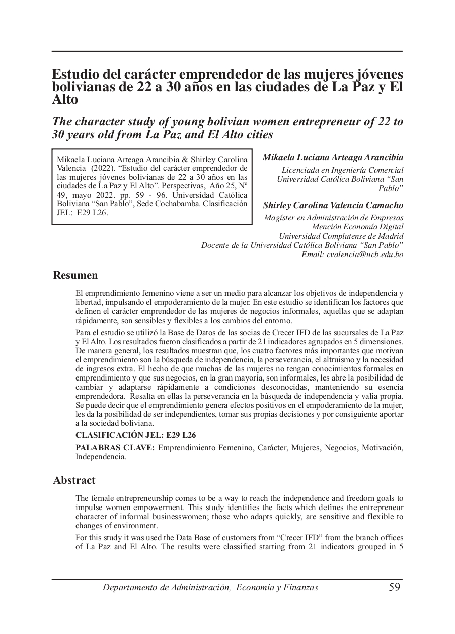 The character study of young bolivian women entrepreneur of 22 to 30 years old from La Paz and El Alto cities