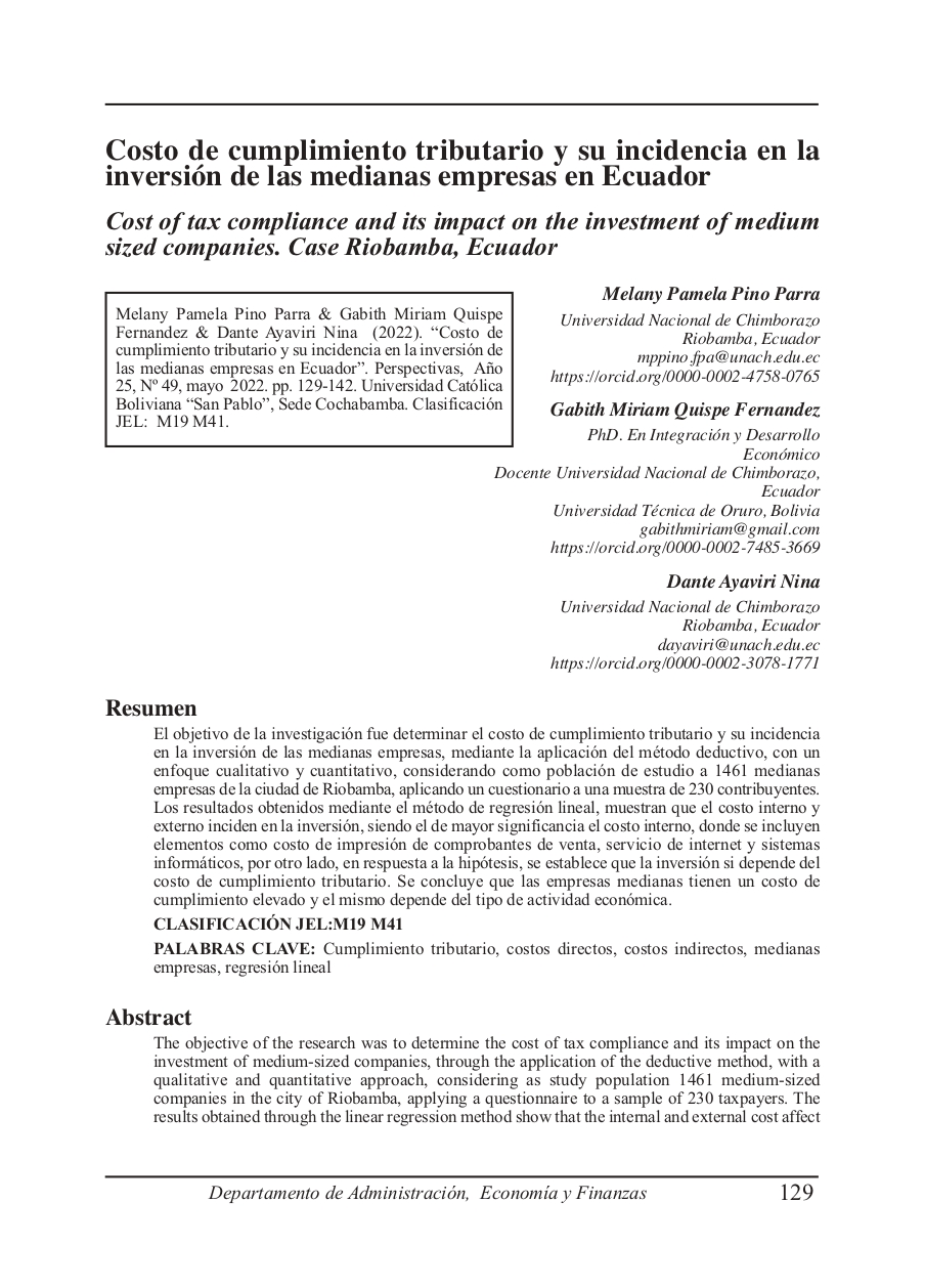 Cost of tax compliance and its impact on the investment of medium sized companies. Case Riobamba, Ecuador