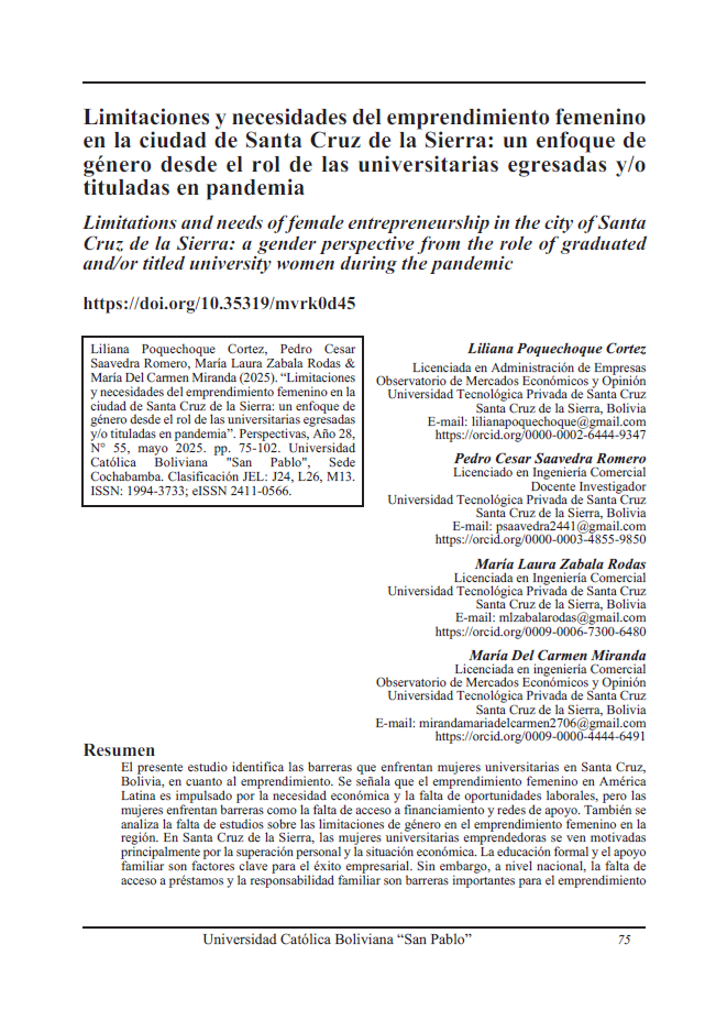 Limitations and needs of female entrepreneurship in the city of Santa Cruz de la Sierra: a gender perspective from the role of graduated and/or titled university women during the pandemic