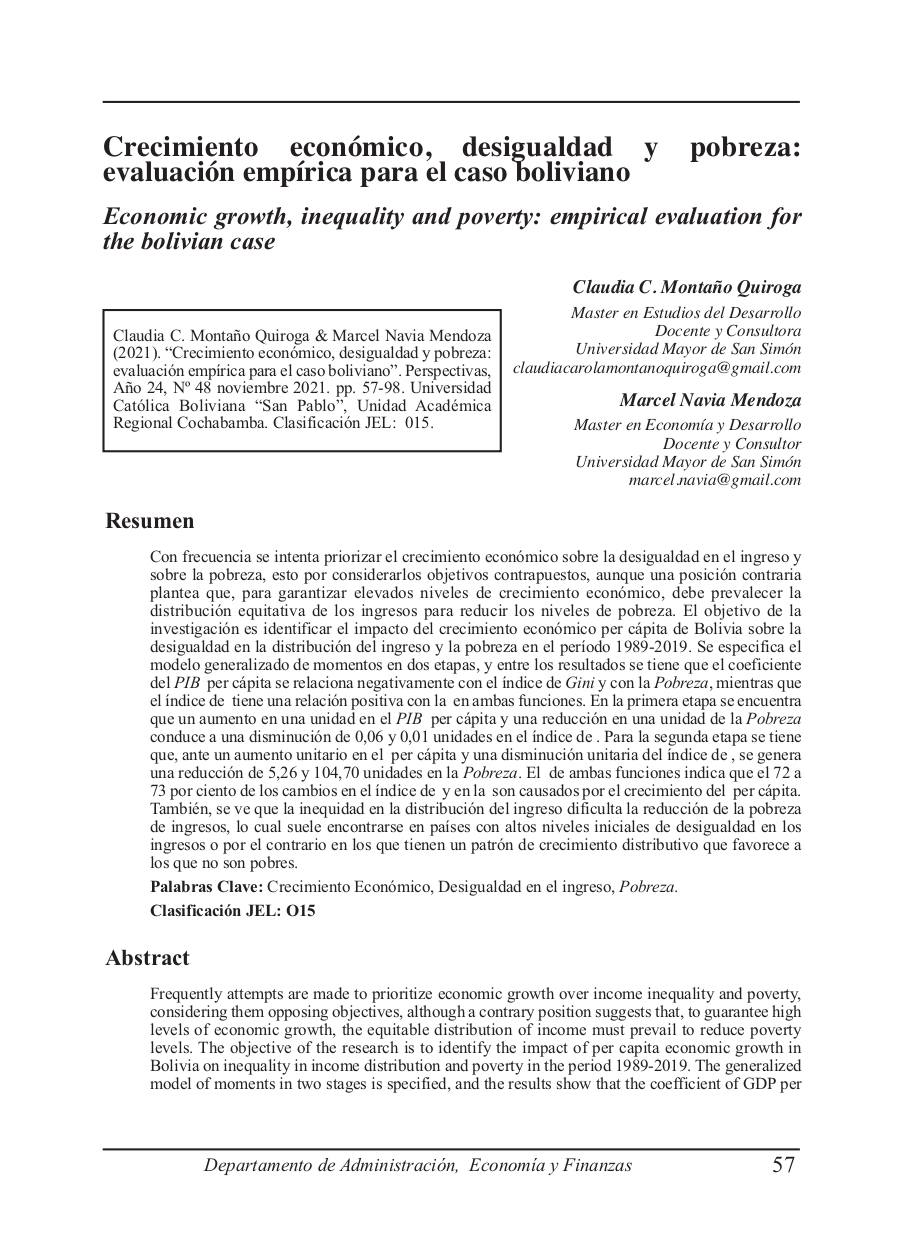 Economic growth, inequality and poverty: empirical evaluation for the bolivian case