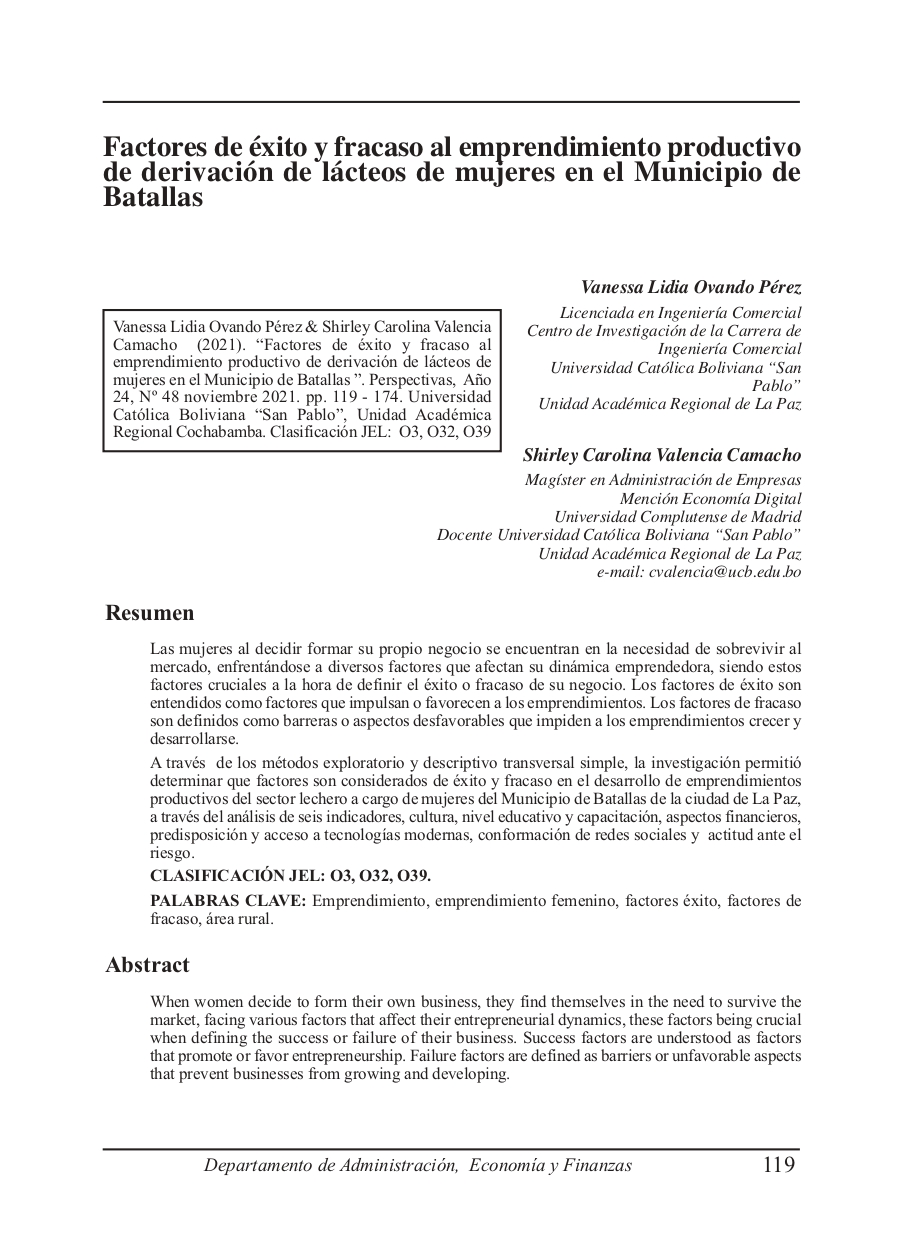 Success and failure factors for women's dairy production ventures in the municipality of Batallas