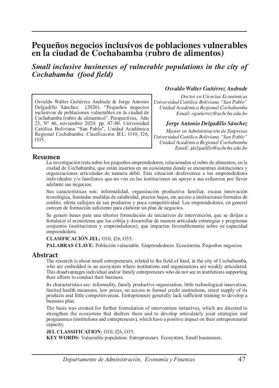 Small inclusive businesses of vulnerable populations in the city of Cochabamba (food field)