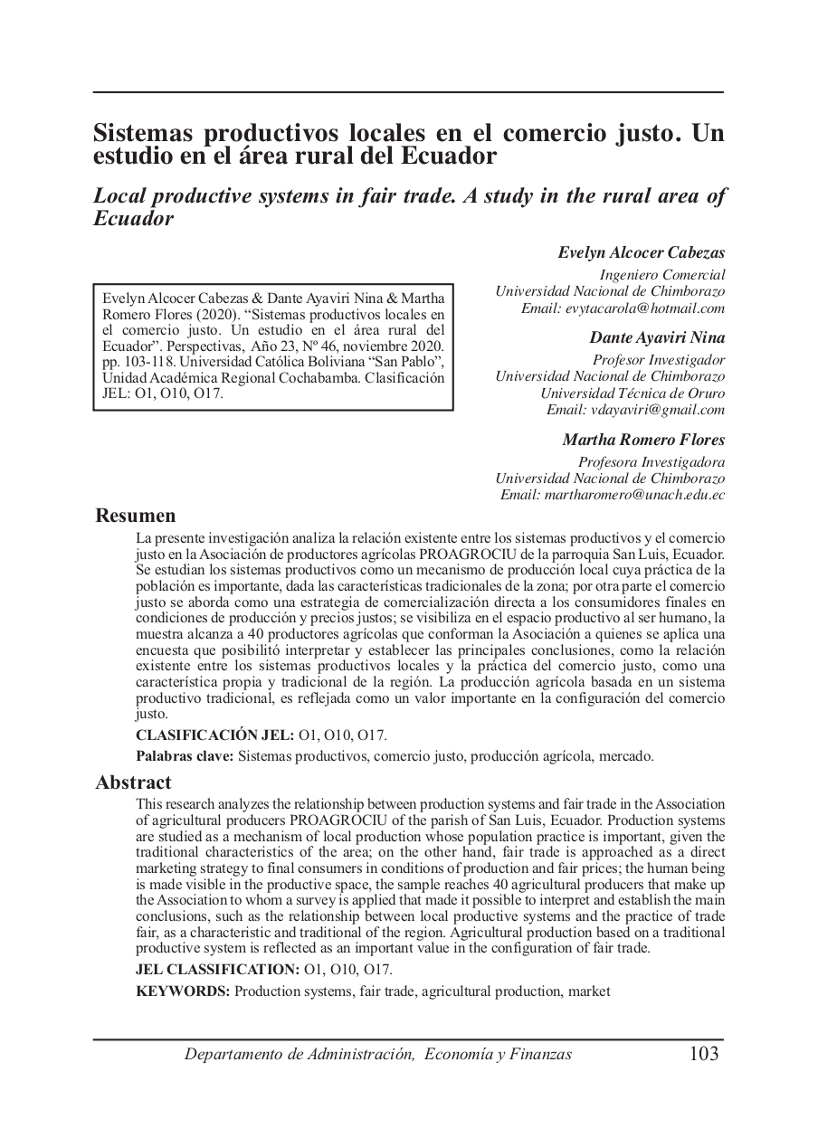 Local productive systems in fair trade. A study in the rural area of Ecuador