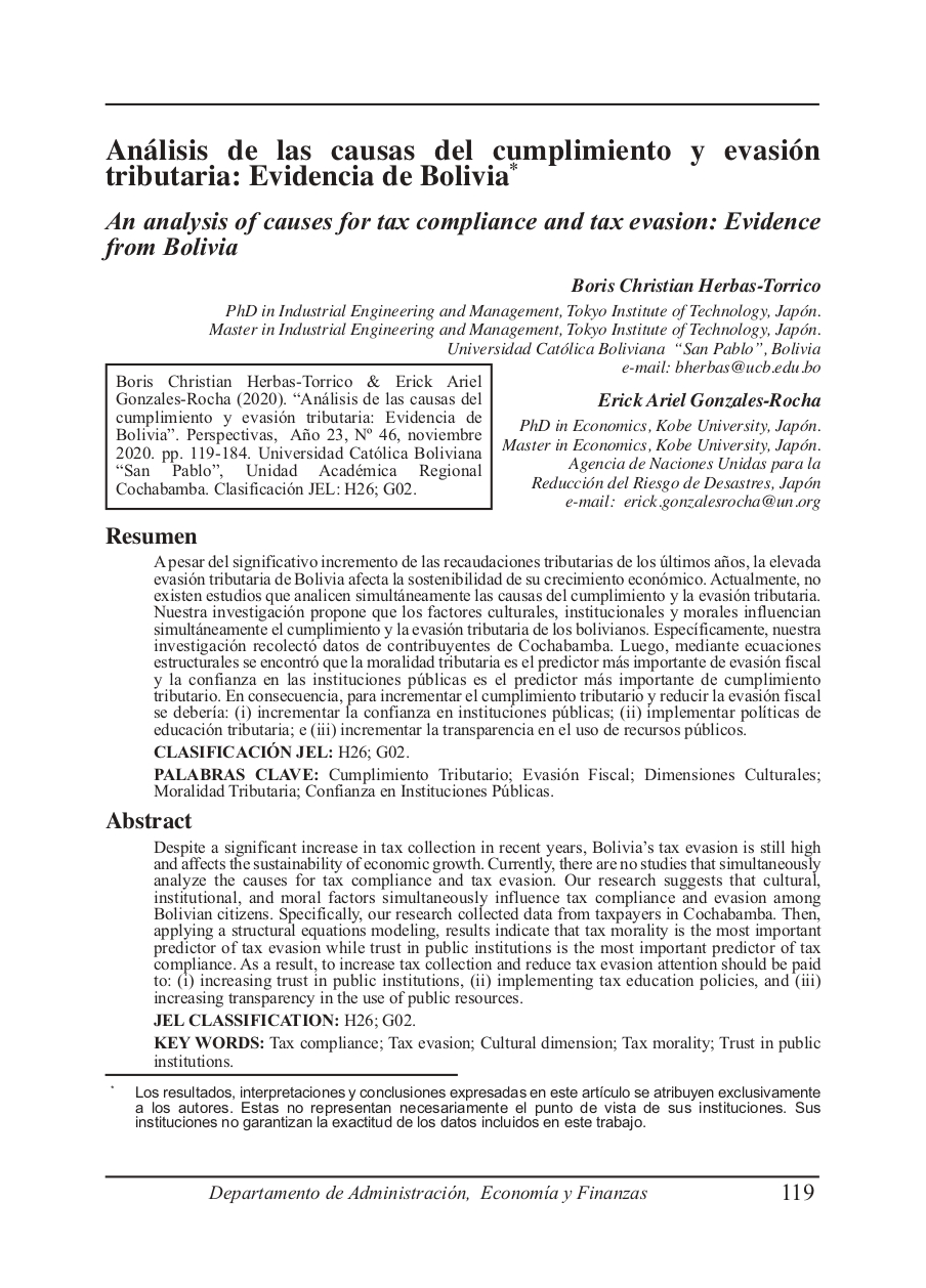 An analysis of causes for tax compliance and tax evasion: Evidence from Bolivia