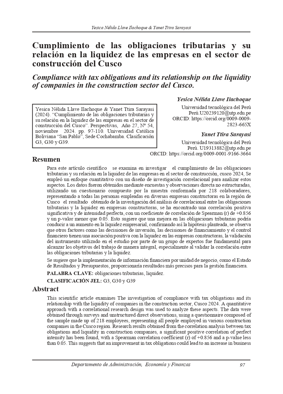 Compliance with tax obligations and its relationship on the liquidity of companies in the construction sector del Cusco.