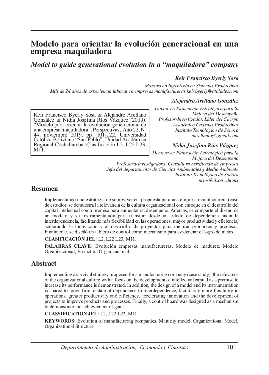Model to guide generational evolution in a “maquiladora” company
