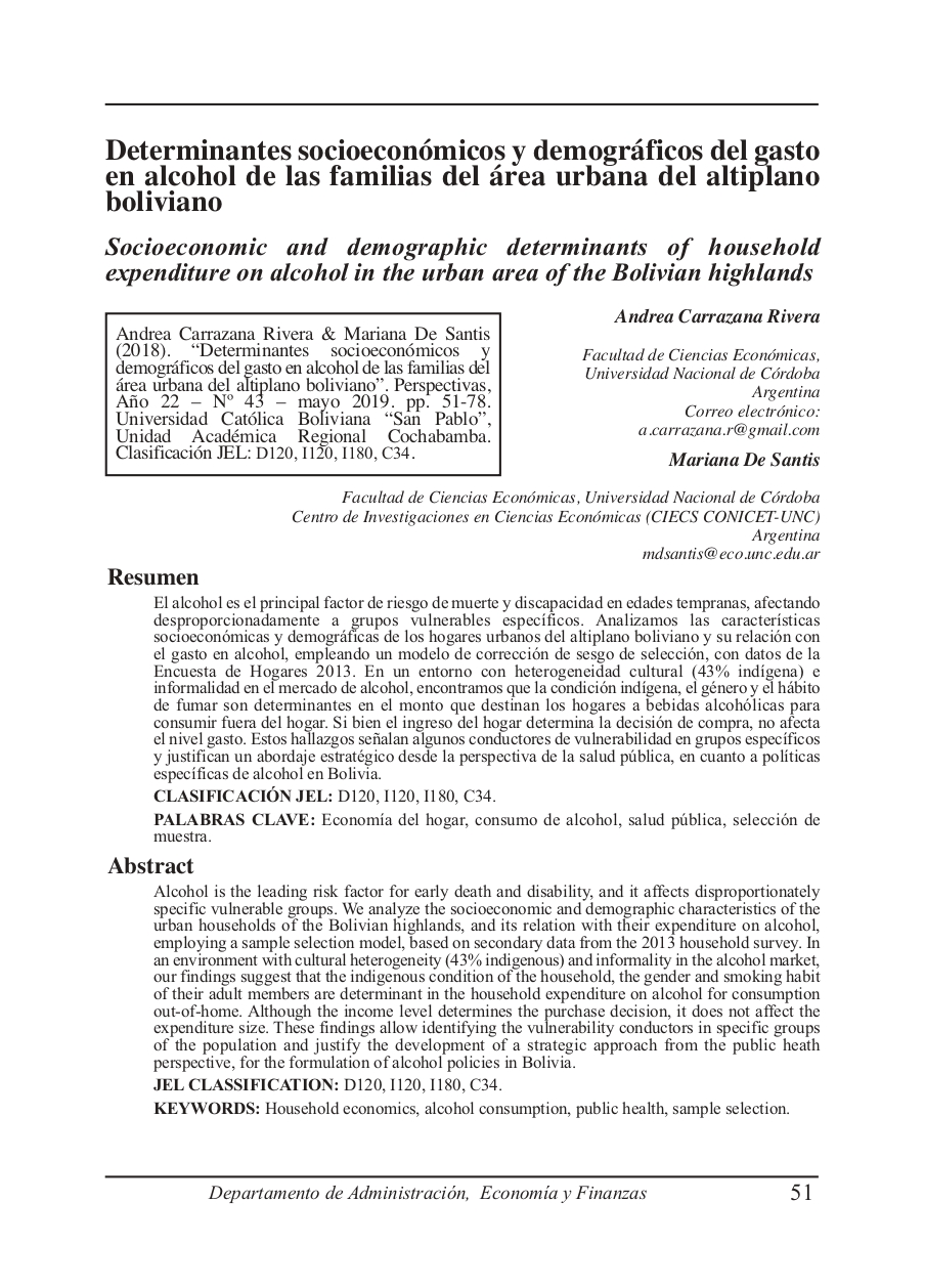 Socioeconomic and demographic determinants of household expenditure on alcohol in the urban area of the Bolivian highlands