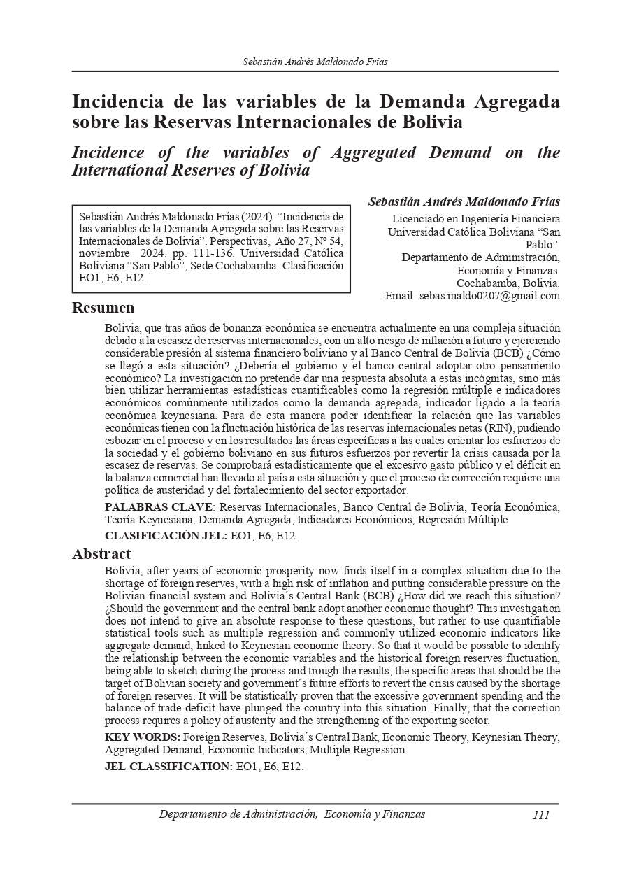 Incidence of the variables of Aggregated Demand on the International Reserves of Bolivia